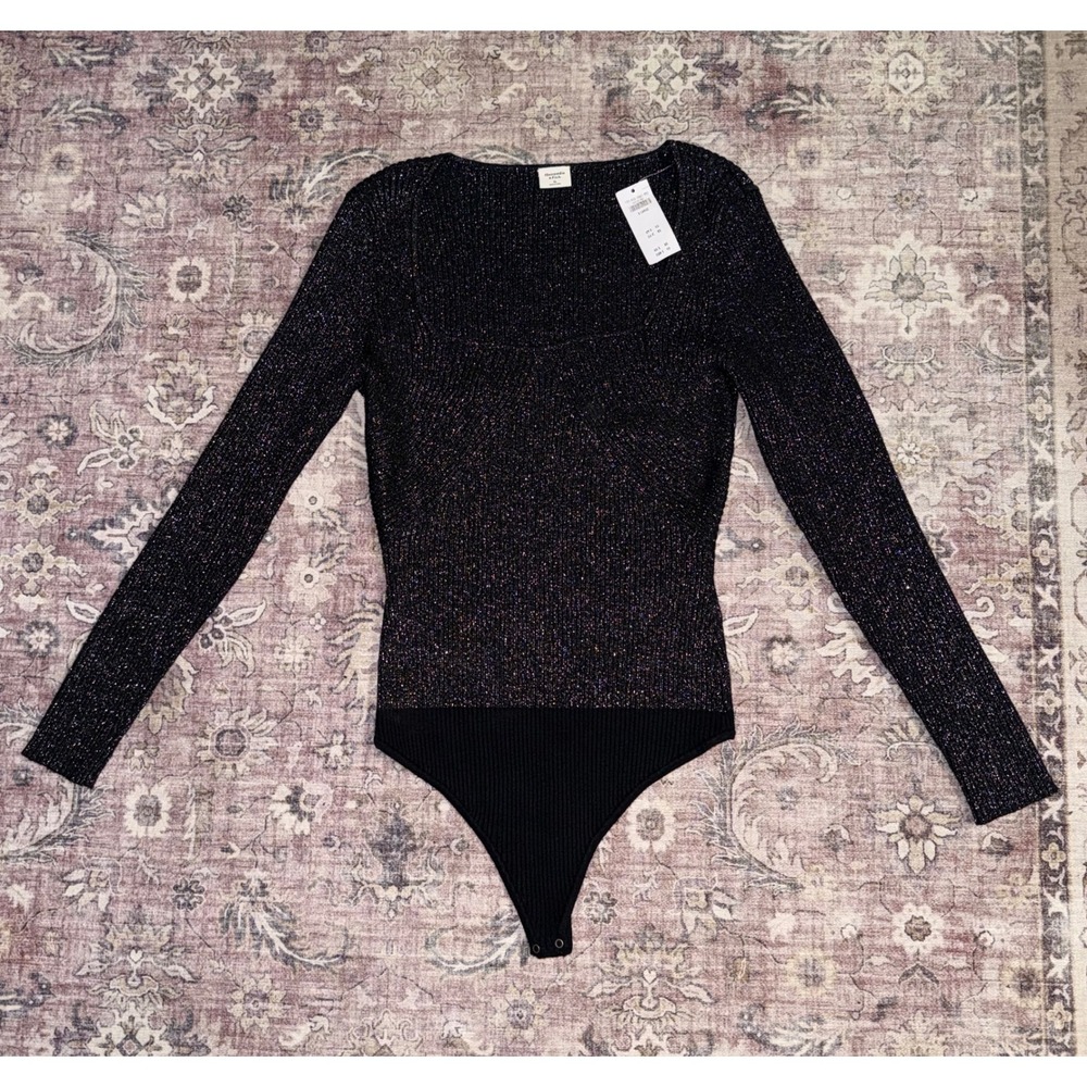 Abercrombie & Fitch Metallic Ribbed Sweetheart Long Sleeve Bodysuit Black XL NEW